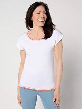Belle by Kim Gravel White Tee Crochet Trim Cotton Soft Casual Top Size M